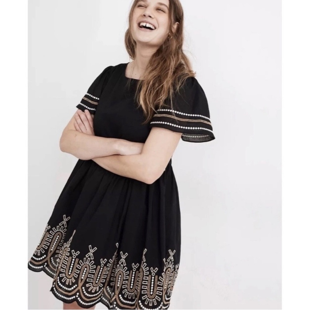 MADEWELL EMBROIDERED EYELET PUFF SLEEVE BLACK COTTON DRESS (soldout online) SZ M